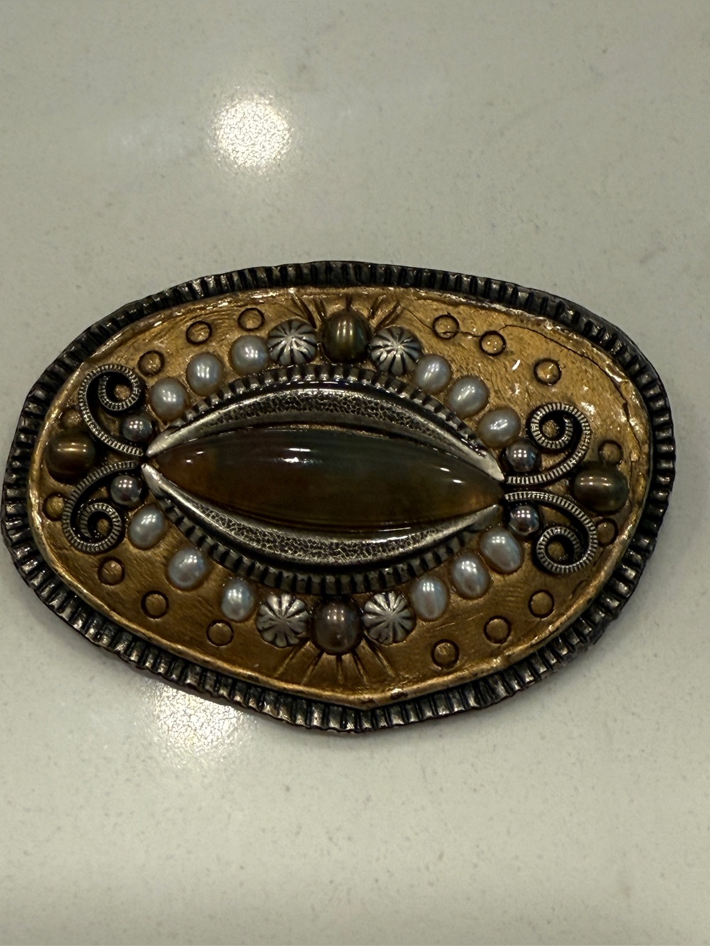 Vintage Michal Golan Signed Brooch Mixed Metal & Gem Pin Brooch
